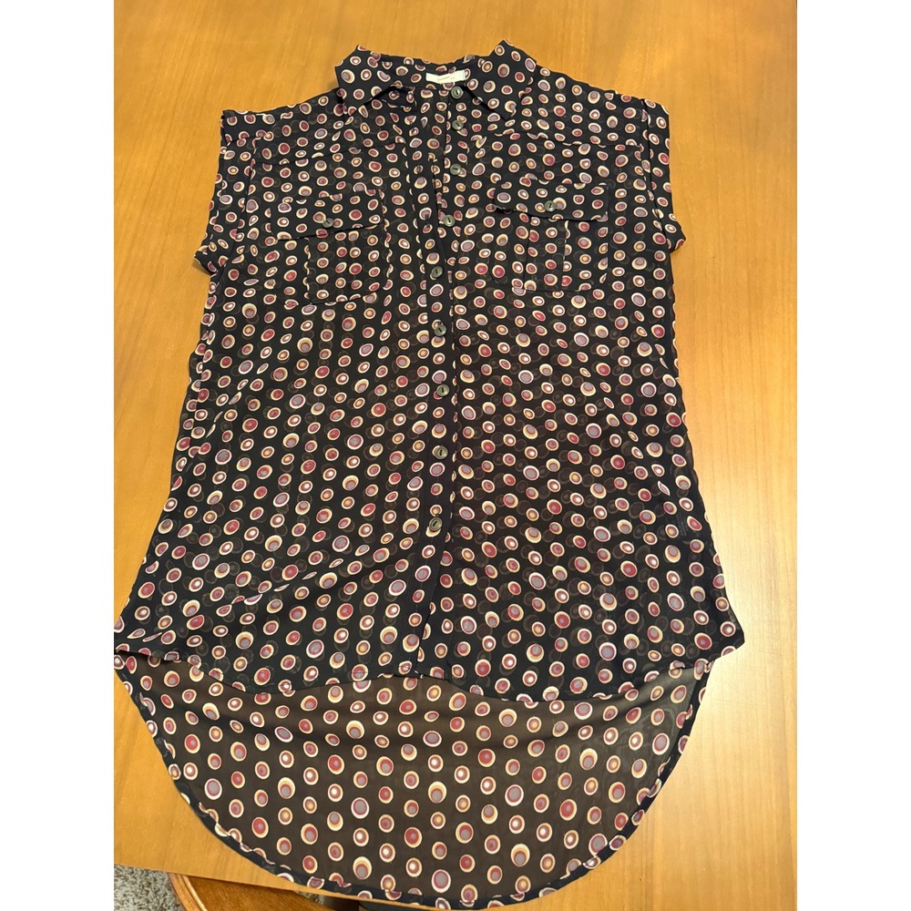 Pleione Blouse Button Down Top‎ Sleeveless Black Polka Dot High Low S